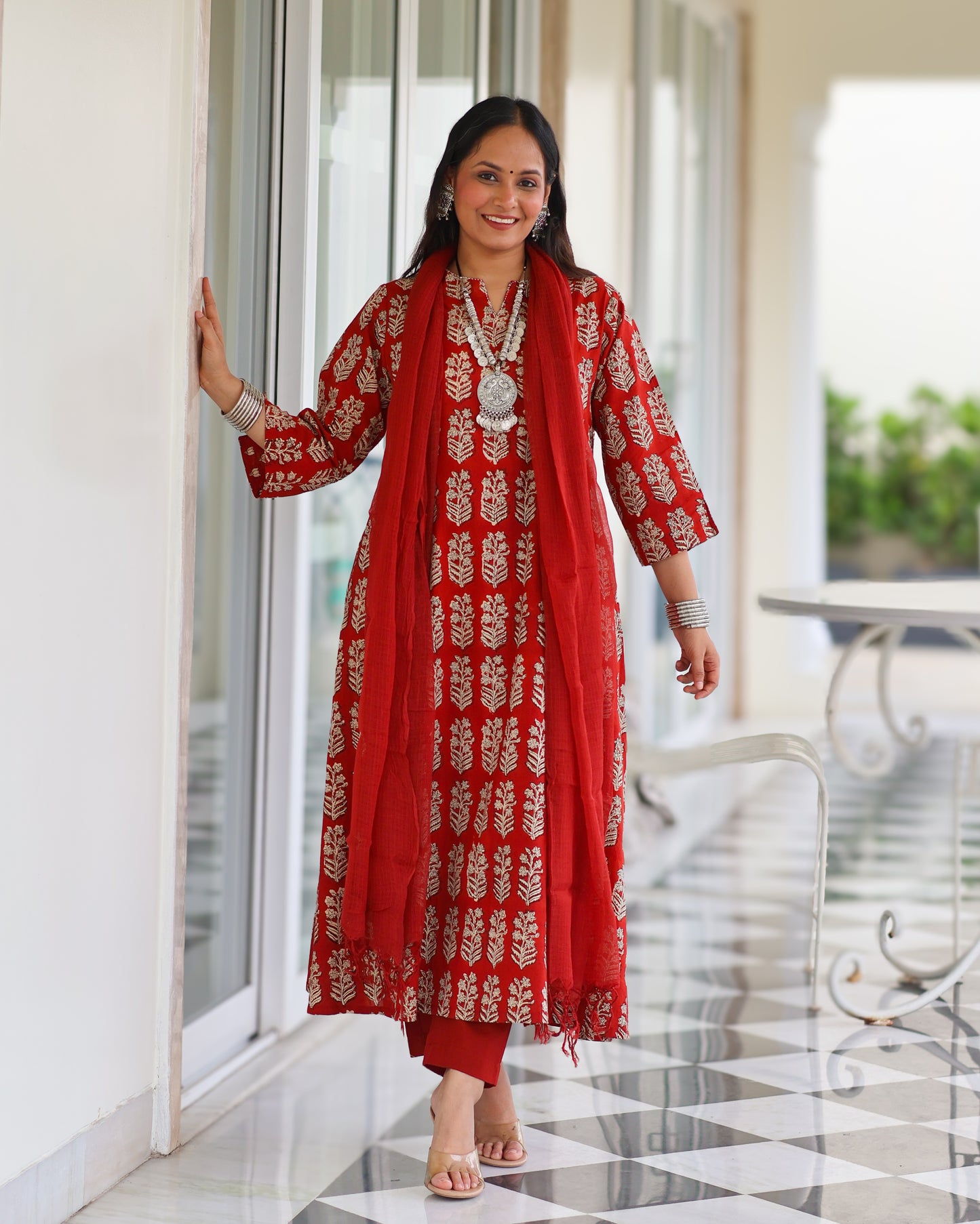 Durga Red HandBlock Print Suit Set