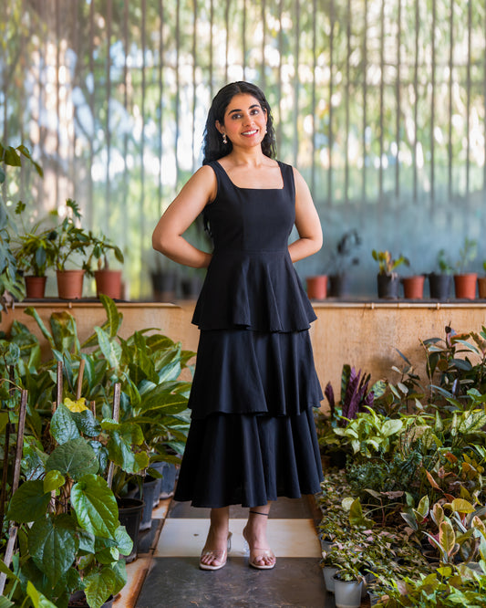 Nina Black Frilled Cotton Midi Dress