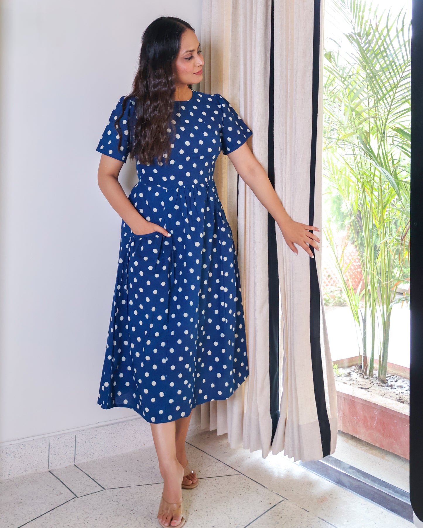 Stella Indigo Handblock Print Cotton Midi Dress