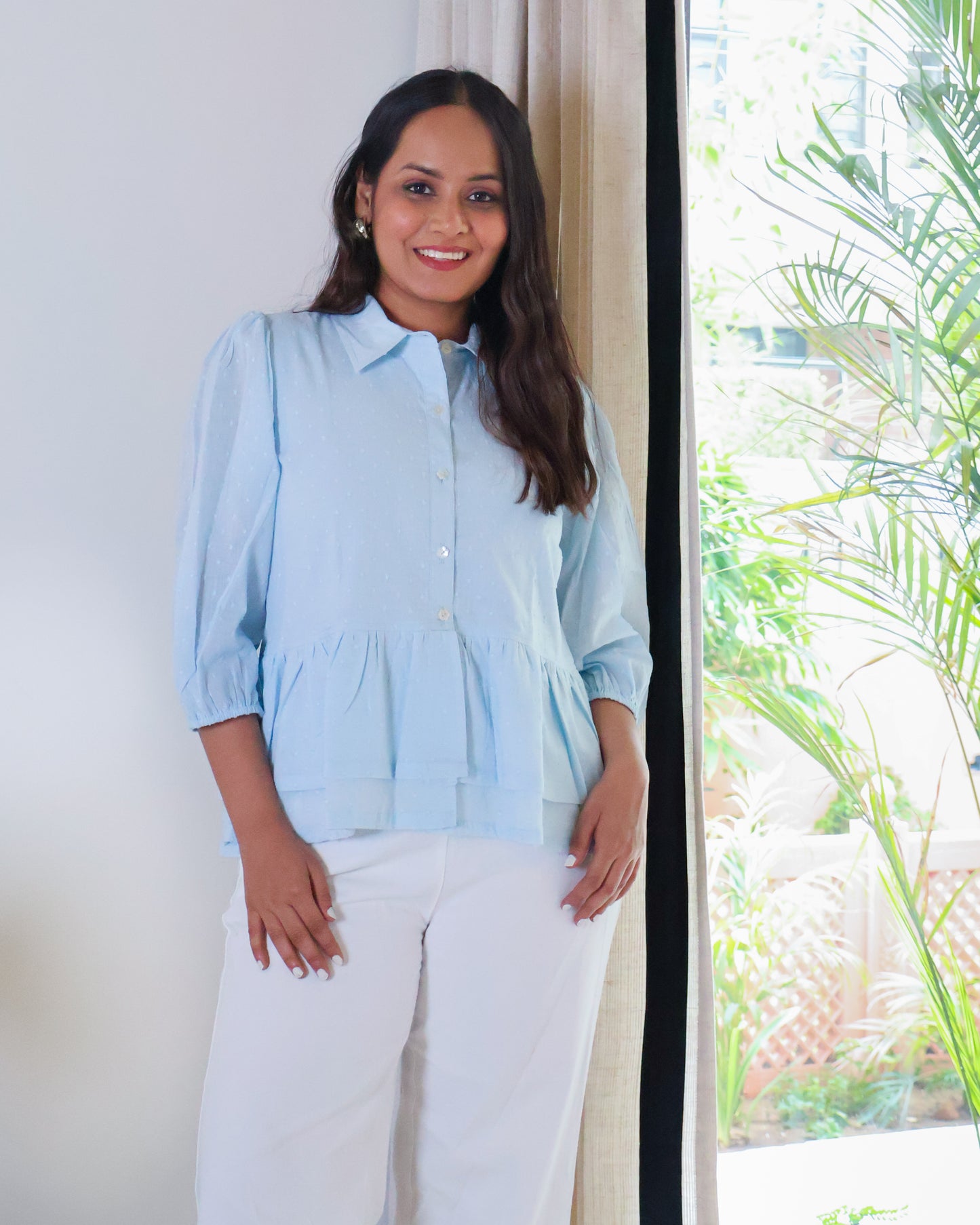 Angelina Collared Peplum Textured Cotton Top