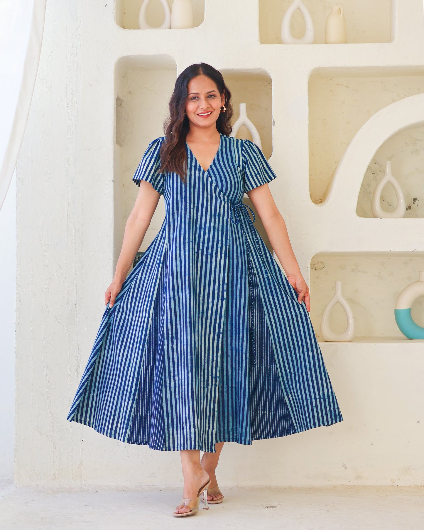 June Indigo HandBlock Dabu Stripes Print Cotton Wrap Dress