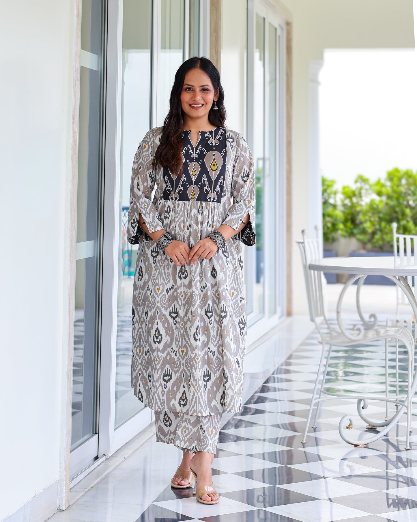 Vedika Grey Ikat Cotton Kurta Set