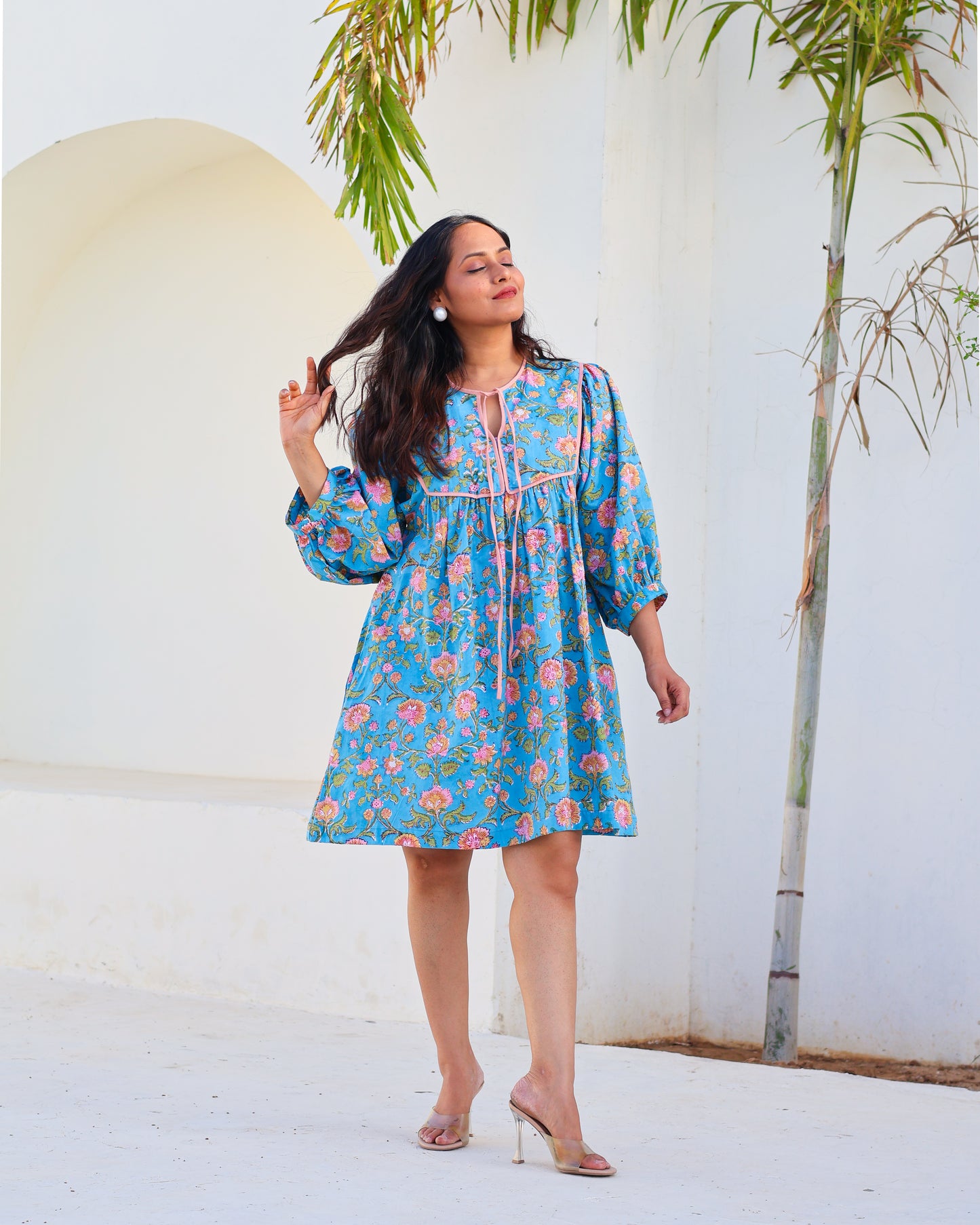 Katie Blue Puff Sleeves HandBlock Print Short Dress