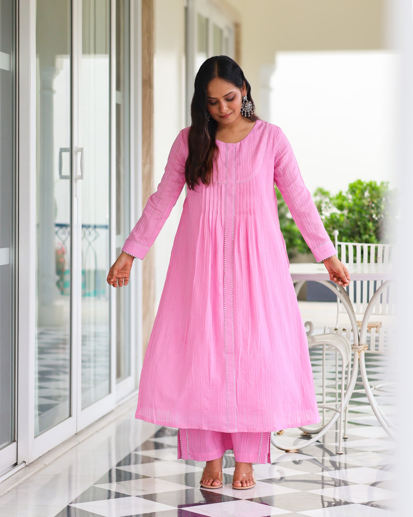 Harleen Pink Cotton Lurex Straight Kurta Set