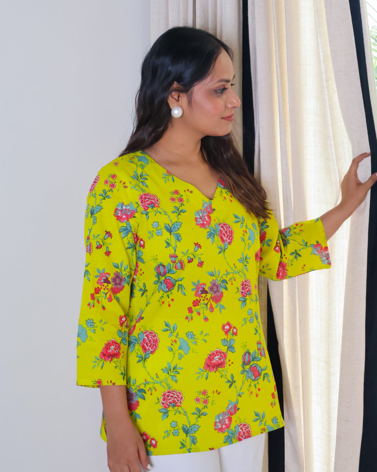 Ghazal Floral Print Cotton Short Kurti