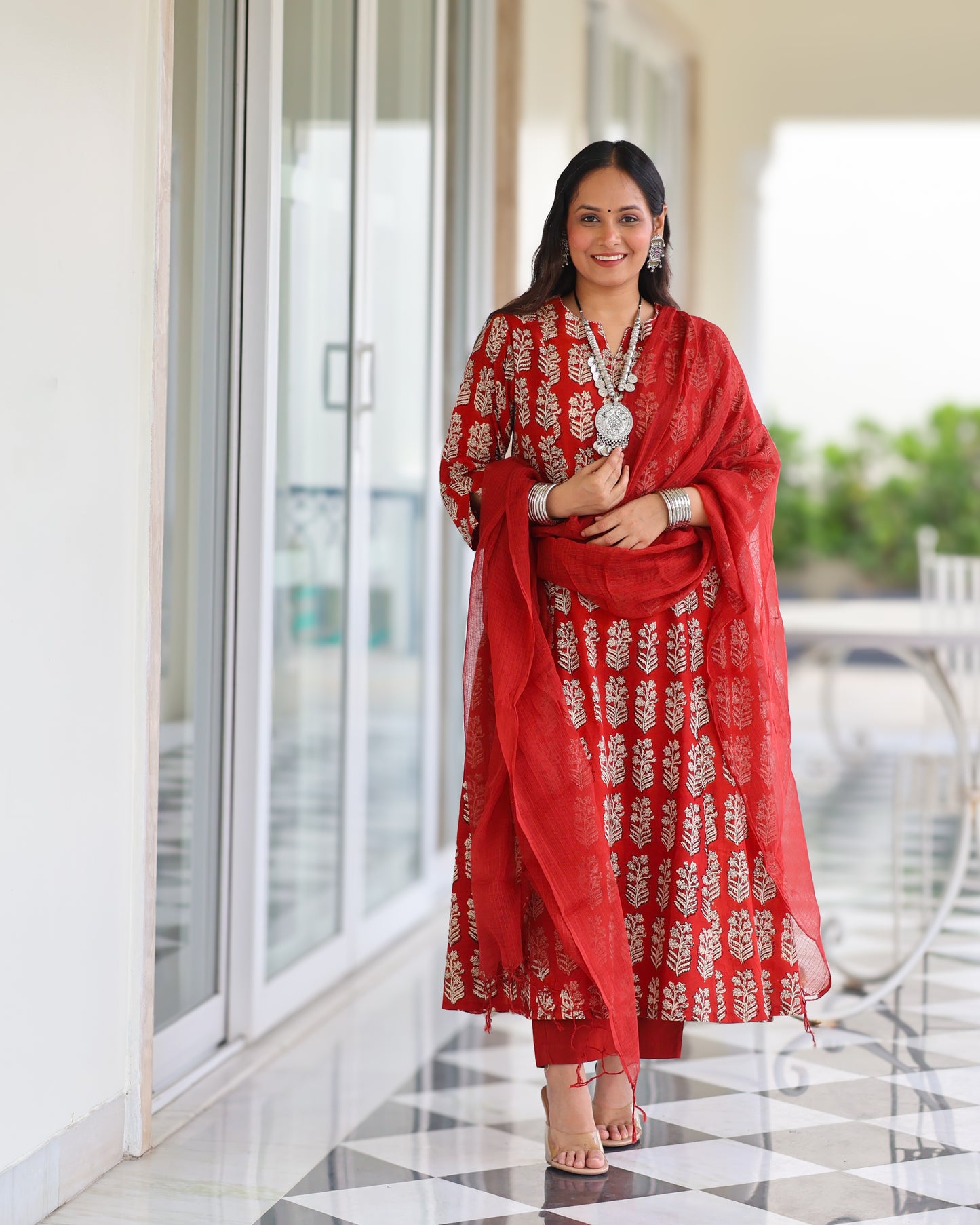 Durga Red HandBlock Print Suit Set