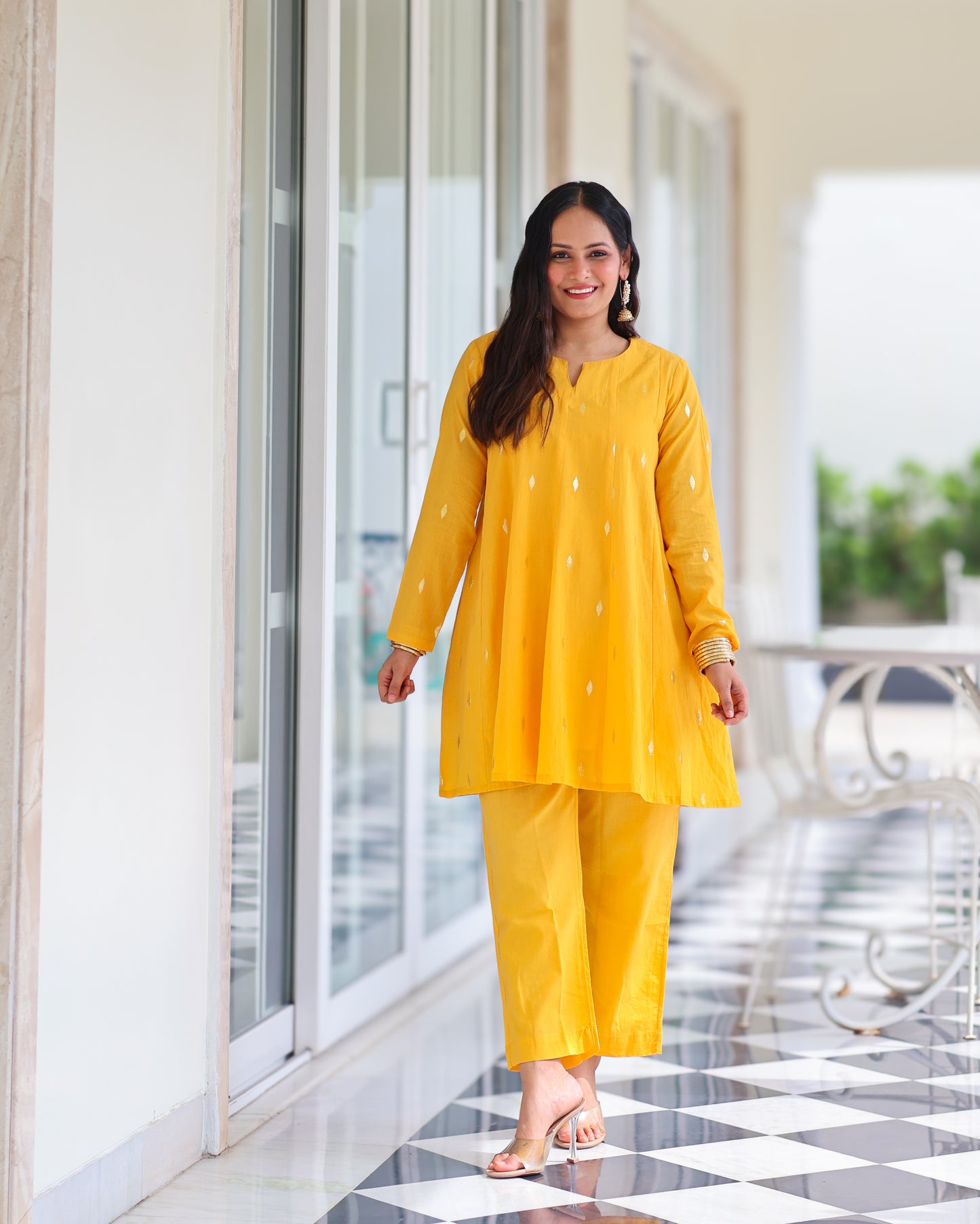 Kesar Yellow Cotton Lurex Short Kurta Set