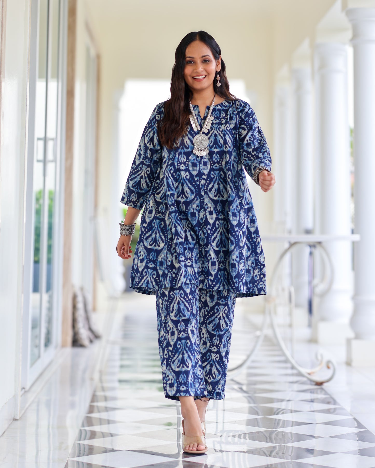 Kavya Blue Ikat Print Short Cotton Kurta Set