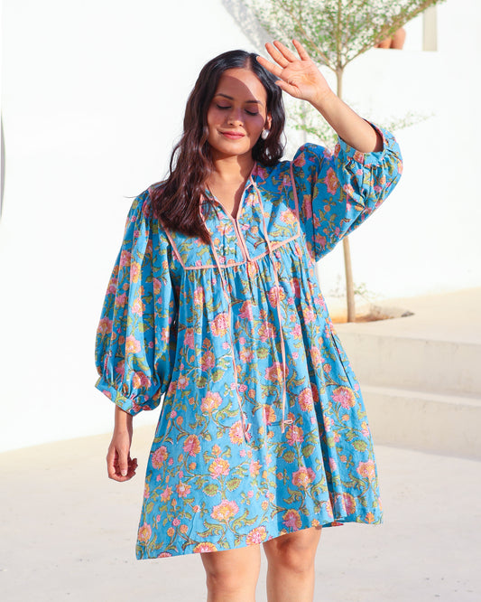 Katie Blue Puff Sleeves HandBlock Print Short Dress