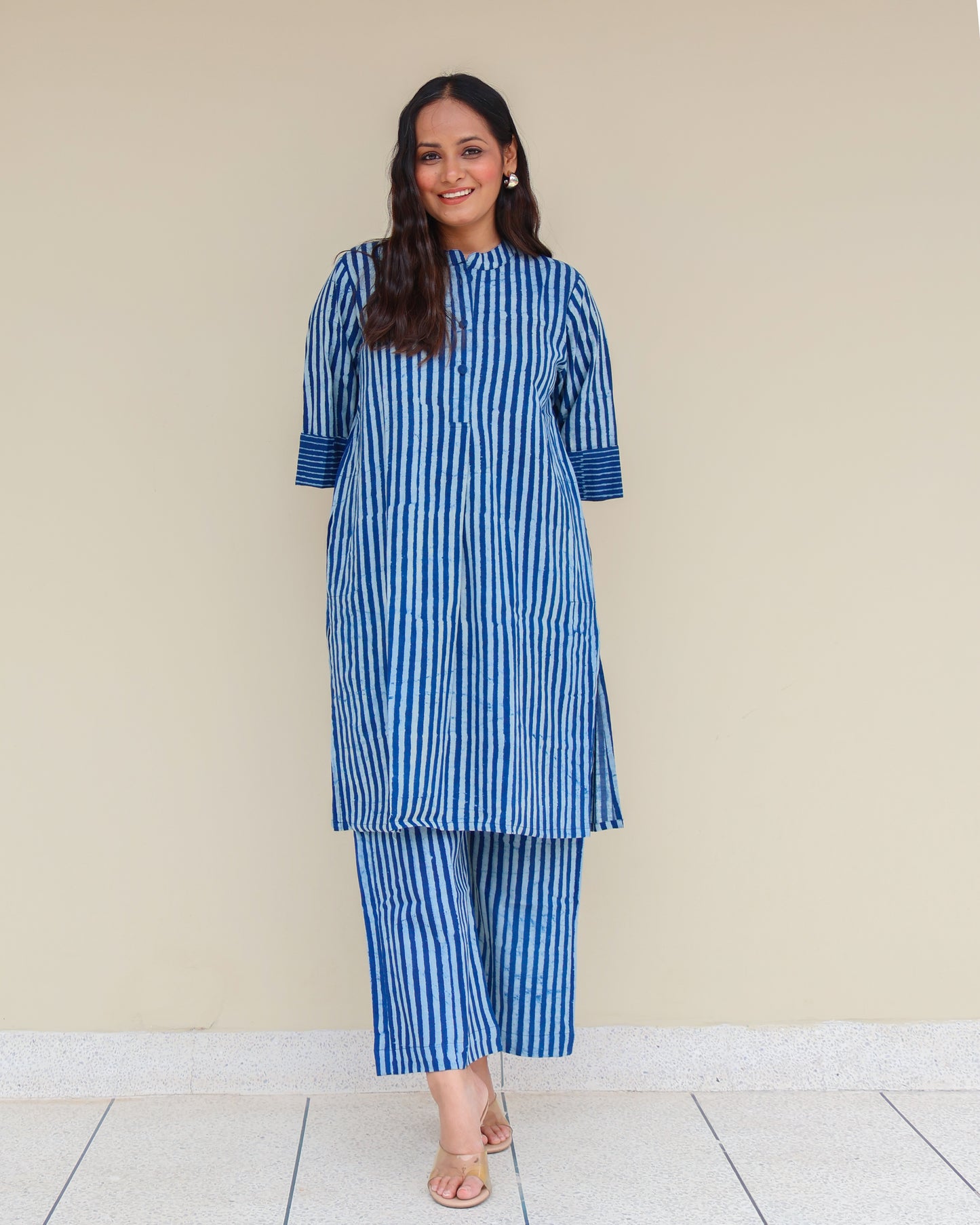 June Indigo Dabu HandBlock Stripes Print Cotton Kurta Set