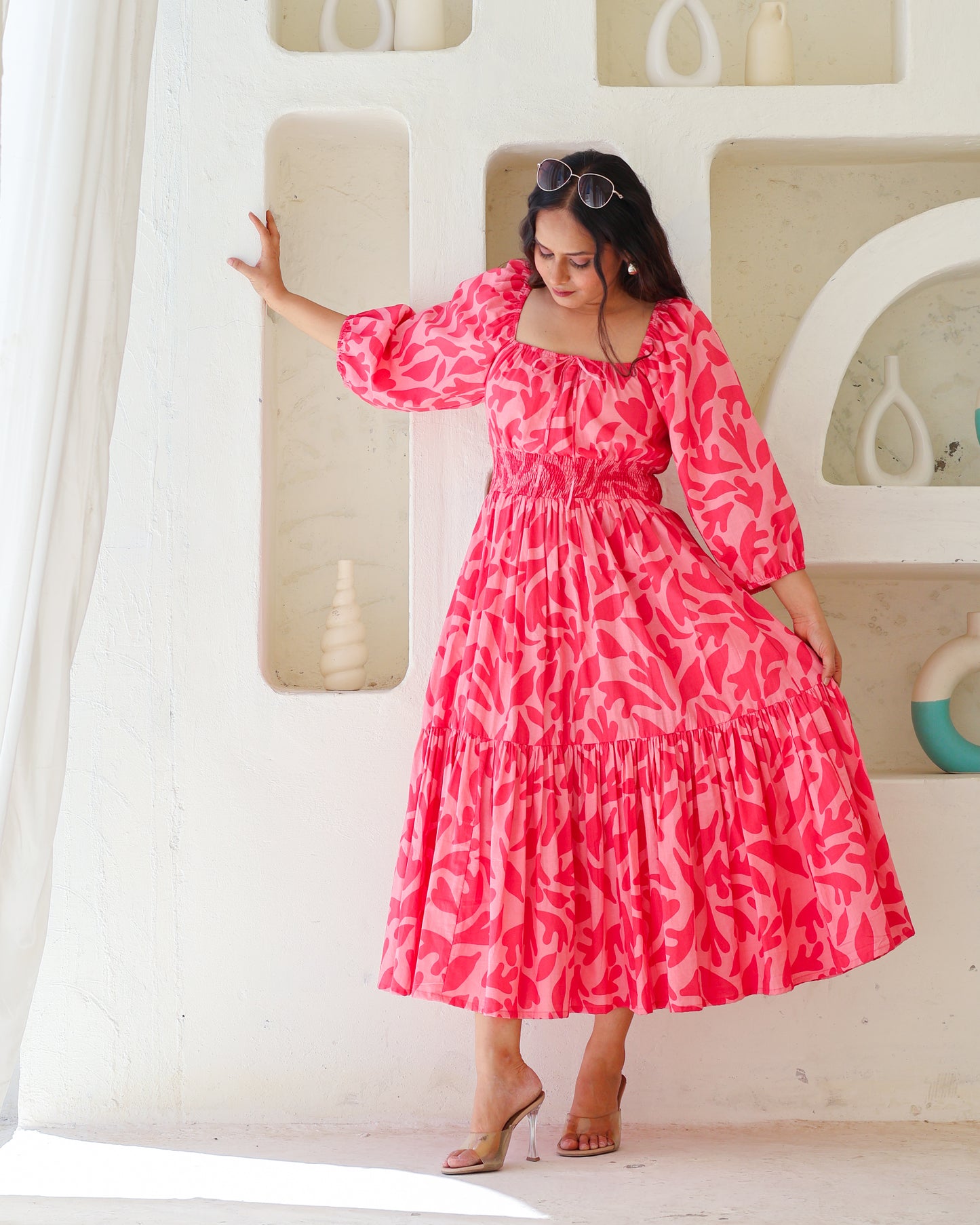 Jules Pink Cotton Tiered Midi Dress