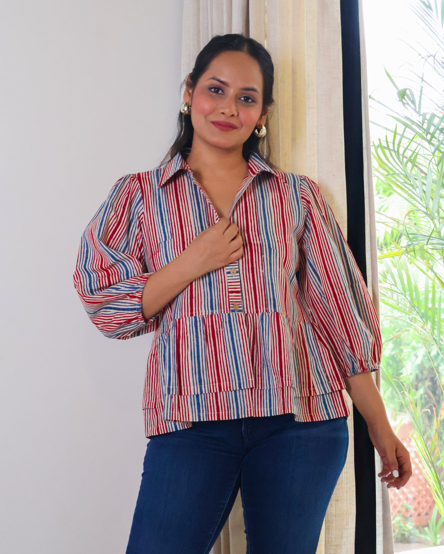 Faith Striped HandBlock Print Collared Peplum Cotton Top