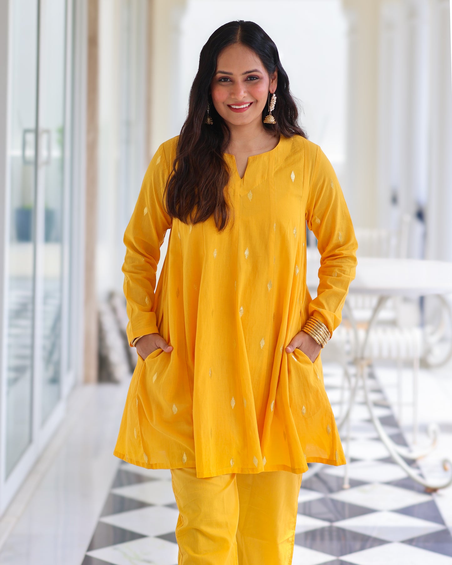 Kesar Yellow Cotton Lurex Short Kurta Set