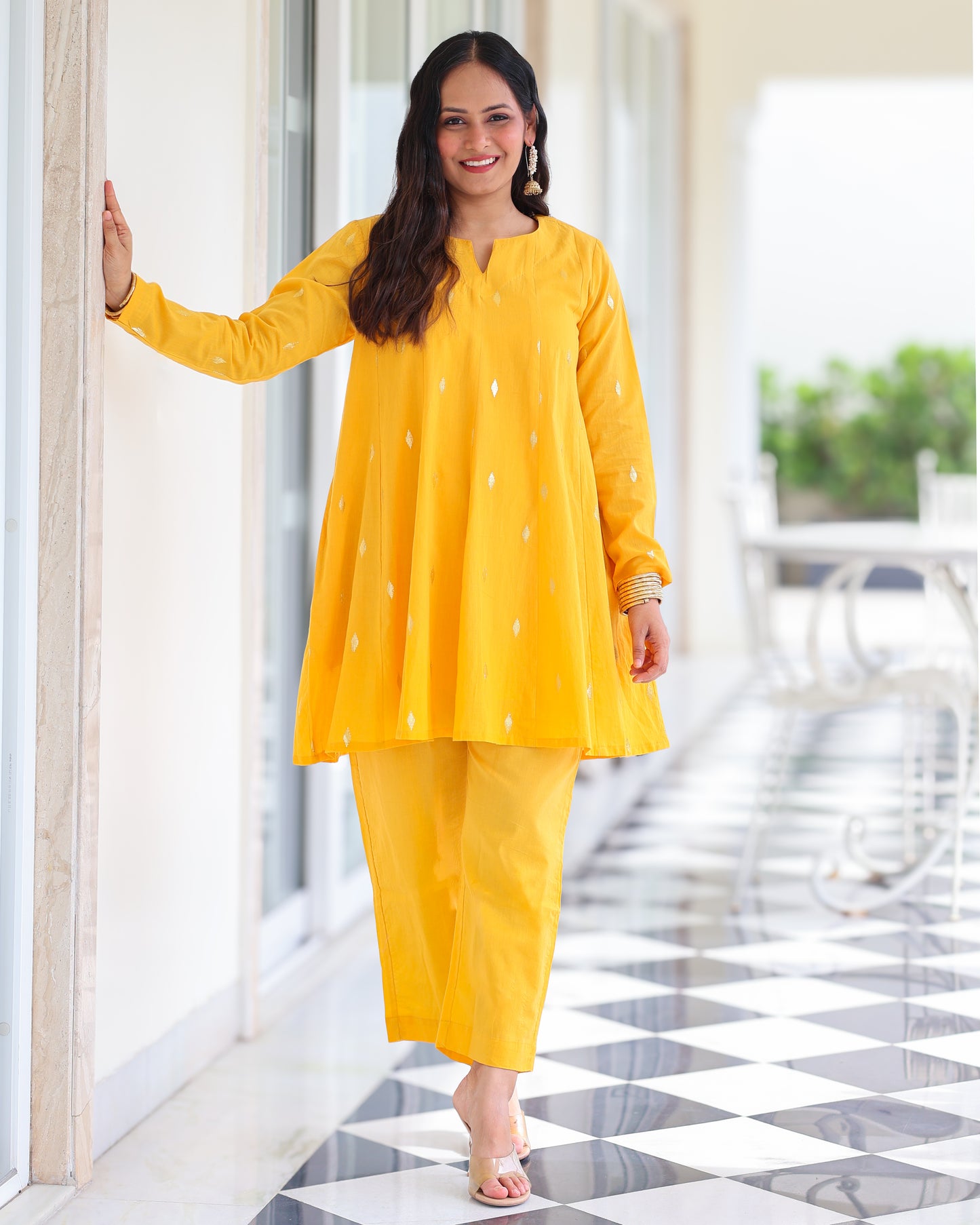 Kesar Yellow Cotton Lurex Short Kurta Set