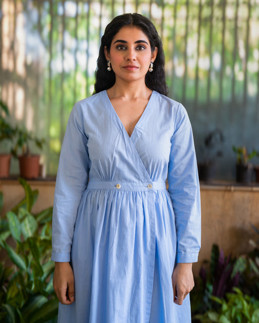 Eloise Blue Fit and Flare Slub Cotton Wrap Dress