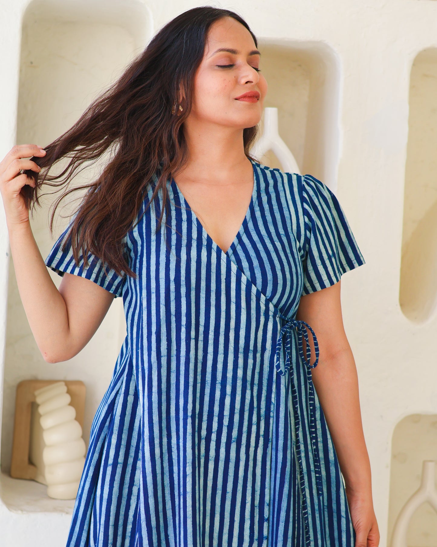 June Indigo HandBlock Dabu Stripes Print Cotton Wrap Dress