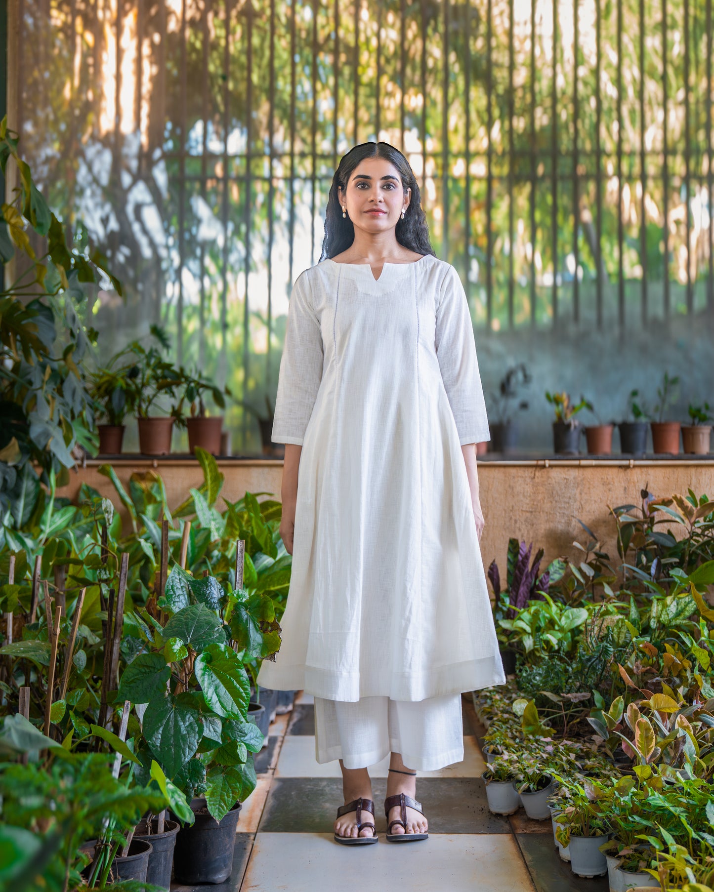 Saphed White Cotton A-line kurta