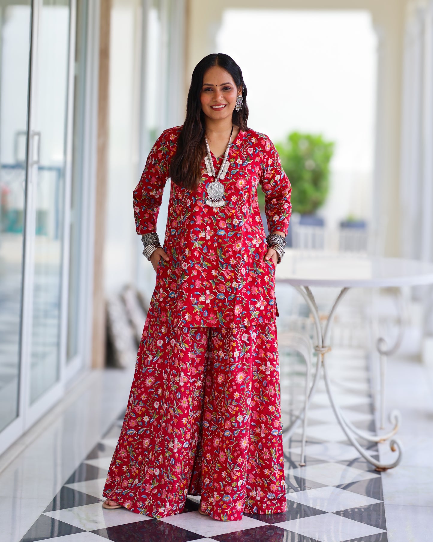 Juliet Red HandBlock Print Kurta Palazzo Set