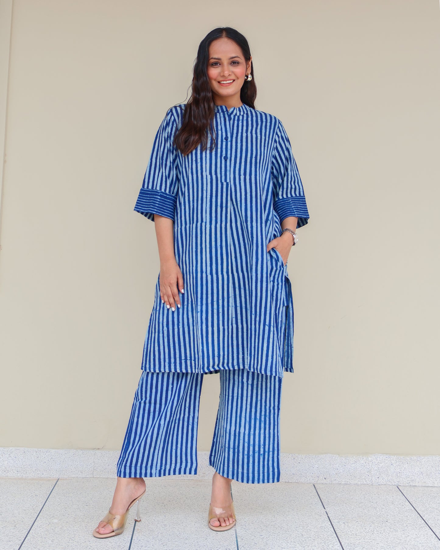 June Indigo Dabu HandBlock Stripes Print Cotton Kurta Set
