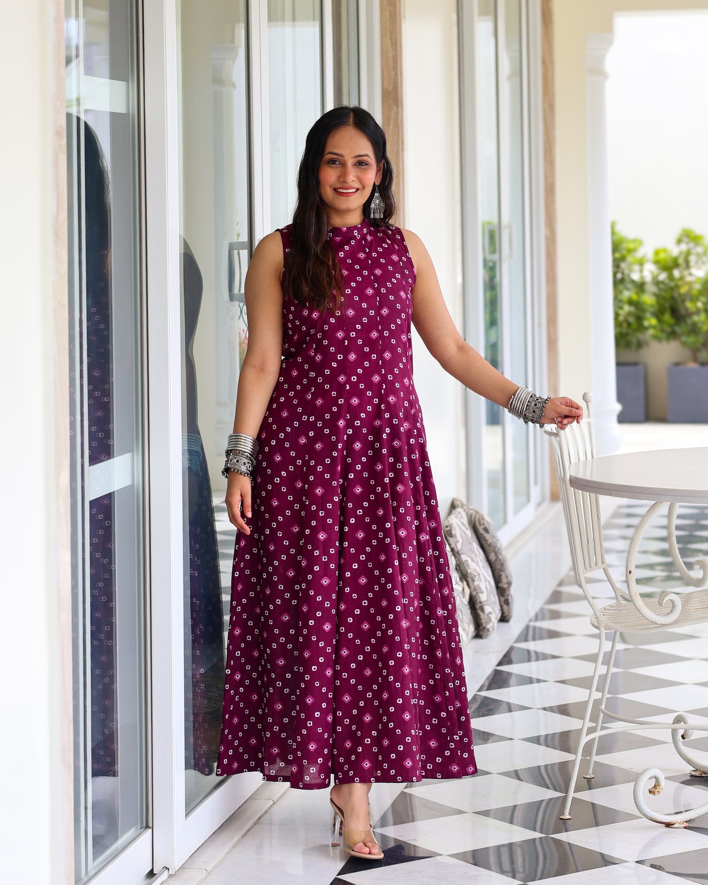Aditi Purple Bandhani Print Cotton Maxi Dress