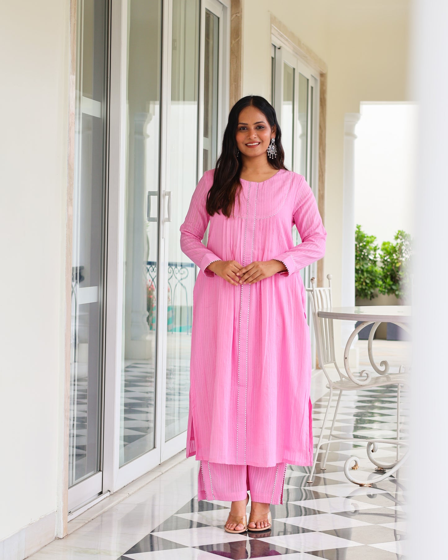 Harleen Pink Cotton Lurex Straight Kurta Set