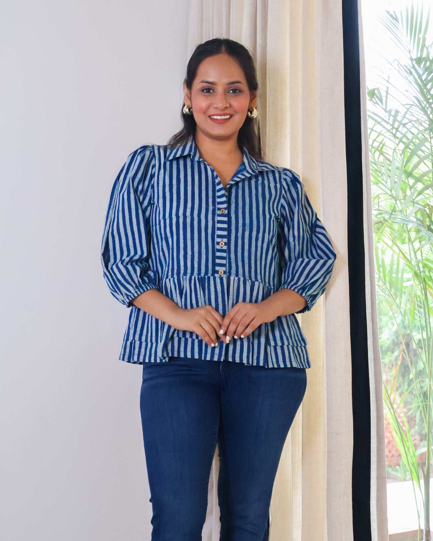 June Indigo Striped HandBlock Print Collared Peplum Cotton Top