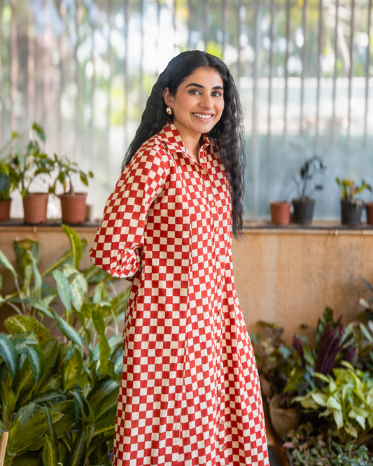 Lumi HandBlock Checkered Print Midi Shirt Dress