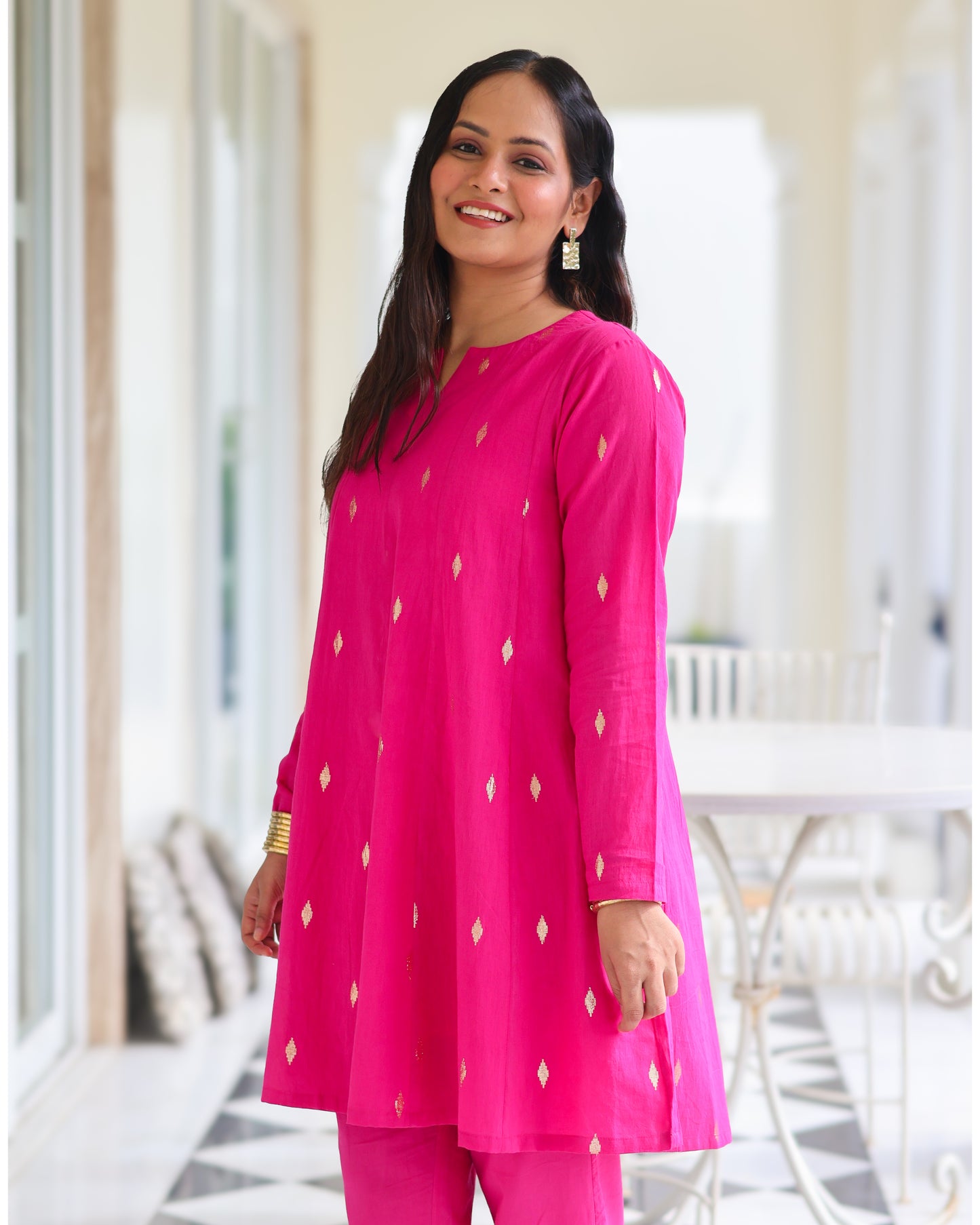Rani Pink Cotton Lurex Short Kurta Set