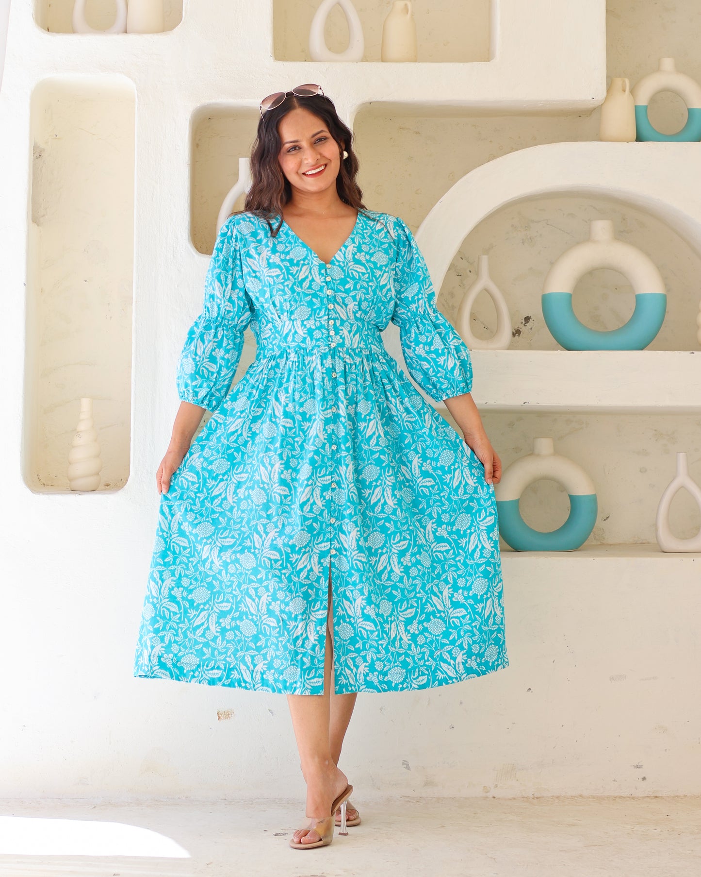 Bella Blue Fit-and-Flare Cotton Midi Dress