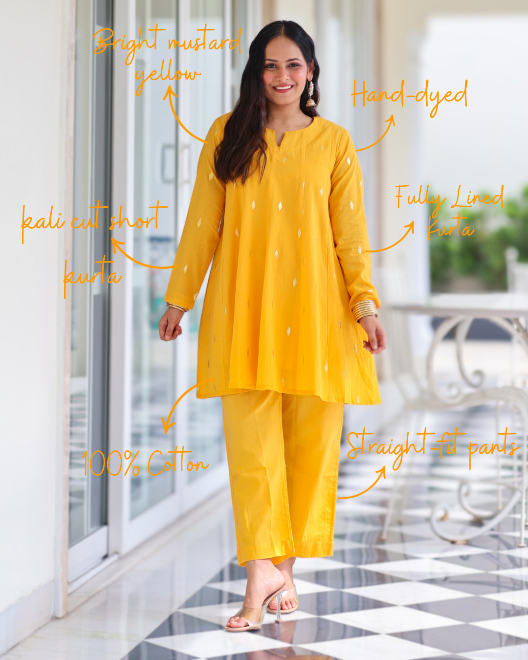 Kesar Yellow Cotton Lurex Short Kurta Set