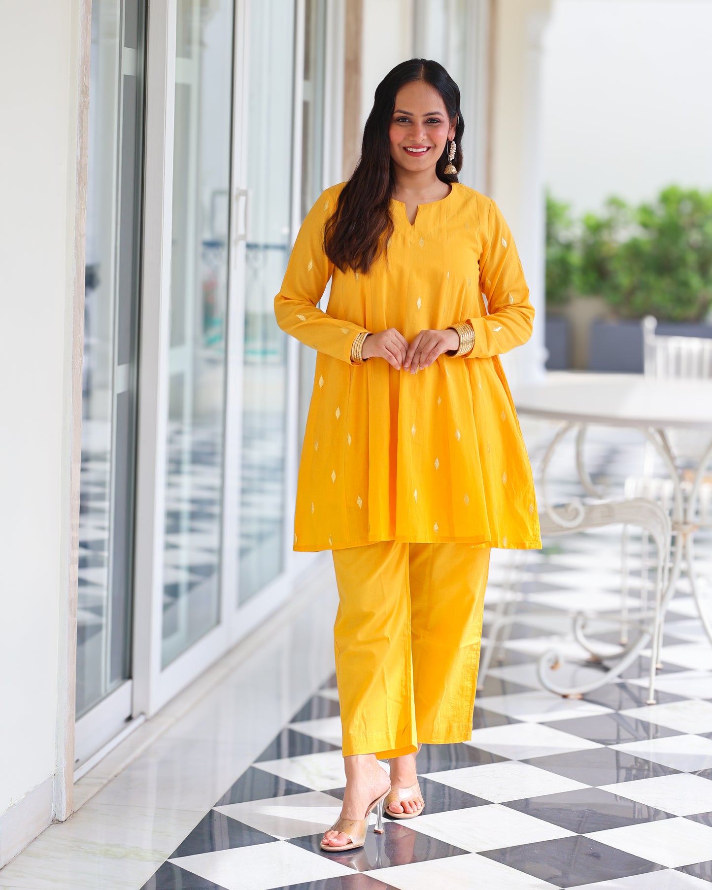 Kesar Yellow Cotton Lurex Short Kurta Set