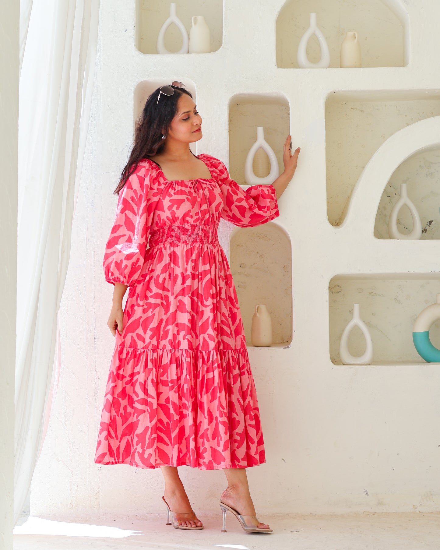 Jules Pink Cotton Tiered Midi Dress