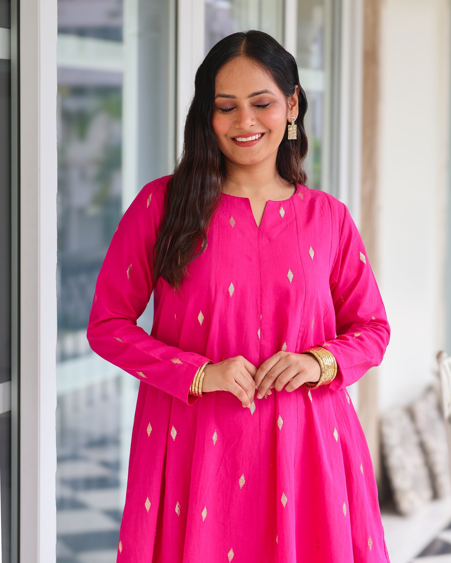 Rani Pink Cotton Lurex Short Kurta Set