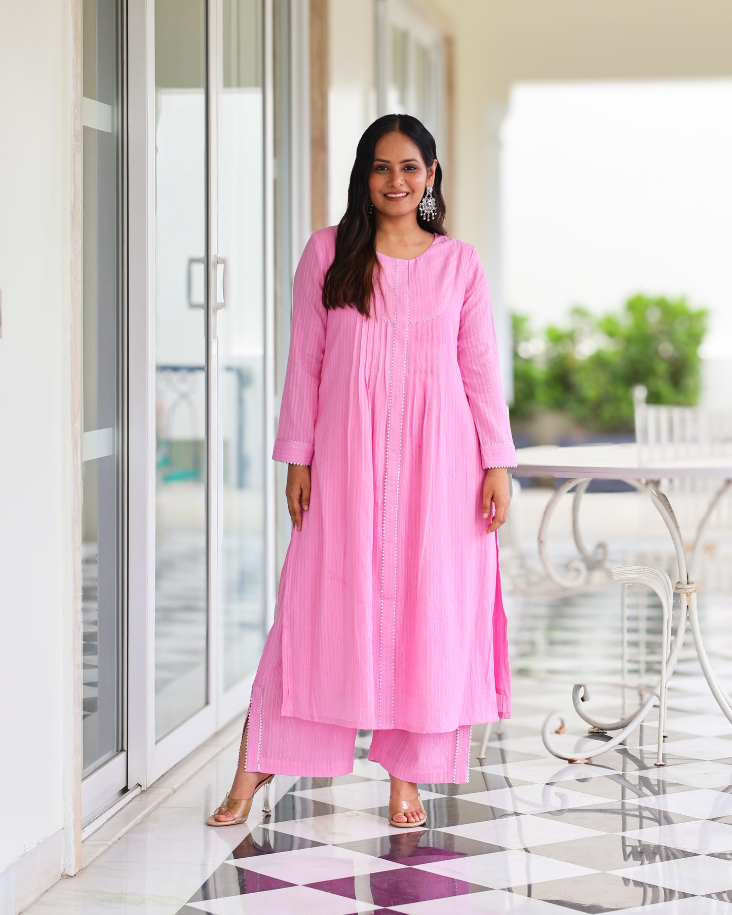 Harleen Pink Cotton Lurex Straight Kurta Set