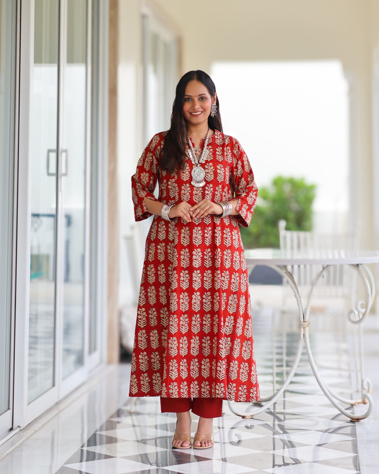 Durga Red HandBlock Print Kurta Set