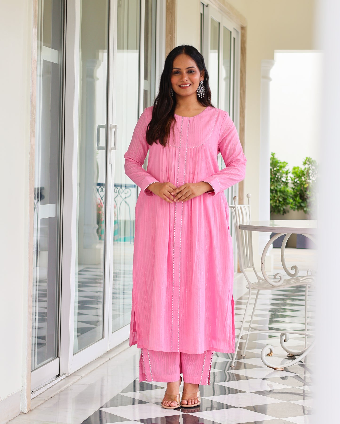 Harleen Pink Cotton Lurex Straight Kurta Set