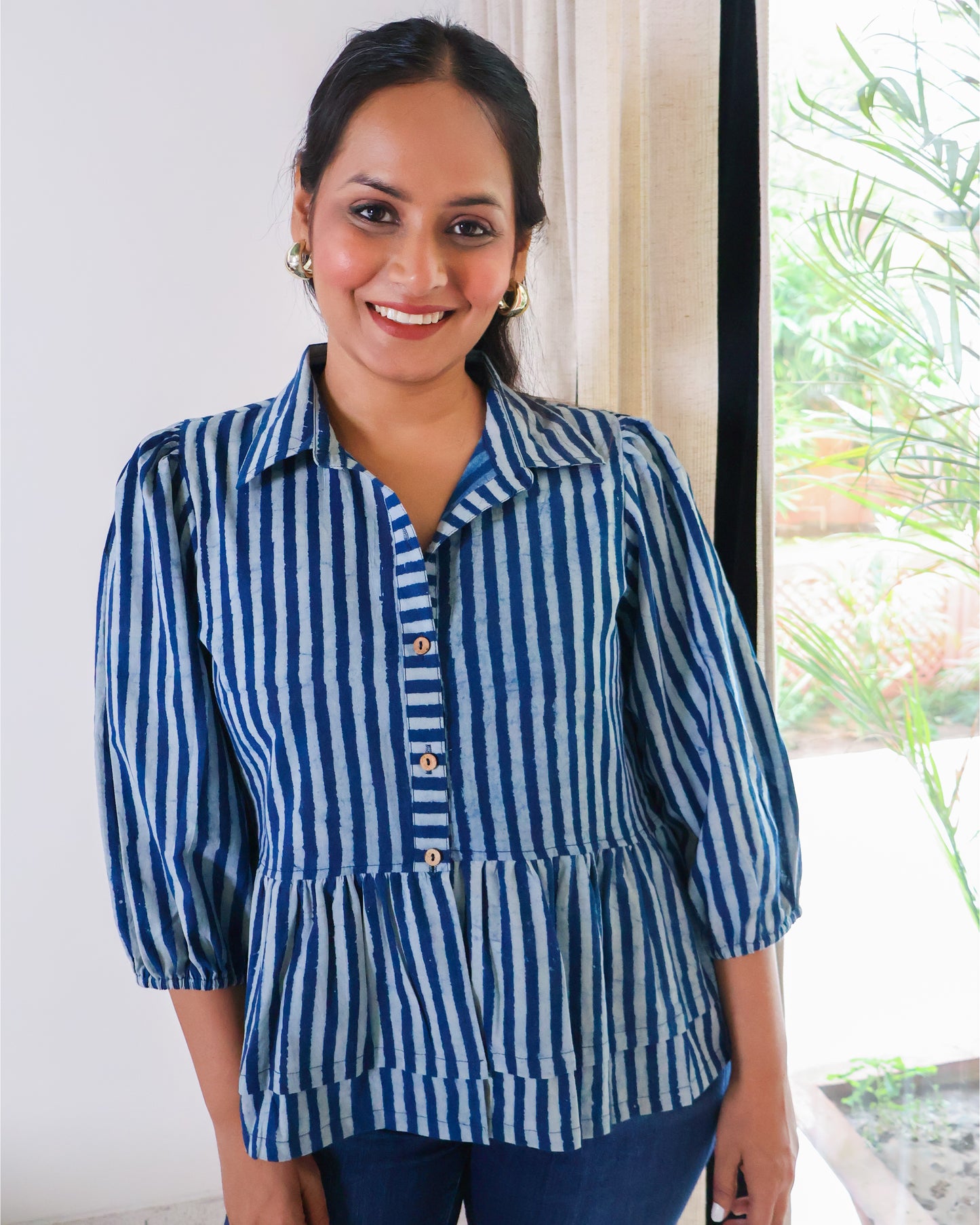 June Indigo Striped HandBlock Print Collared Peplum Cotton Top