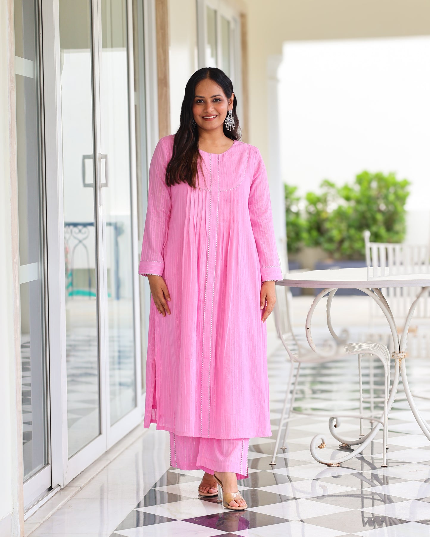 Harleen Pink Cotton Lurex Straight Kurta Set