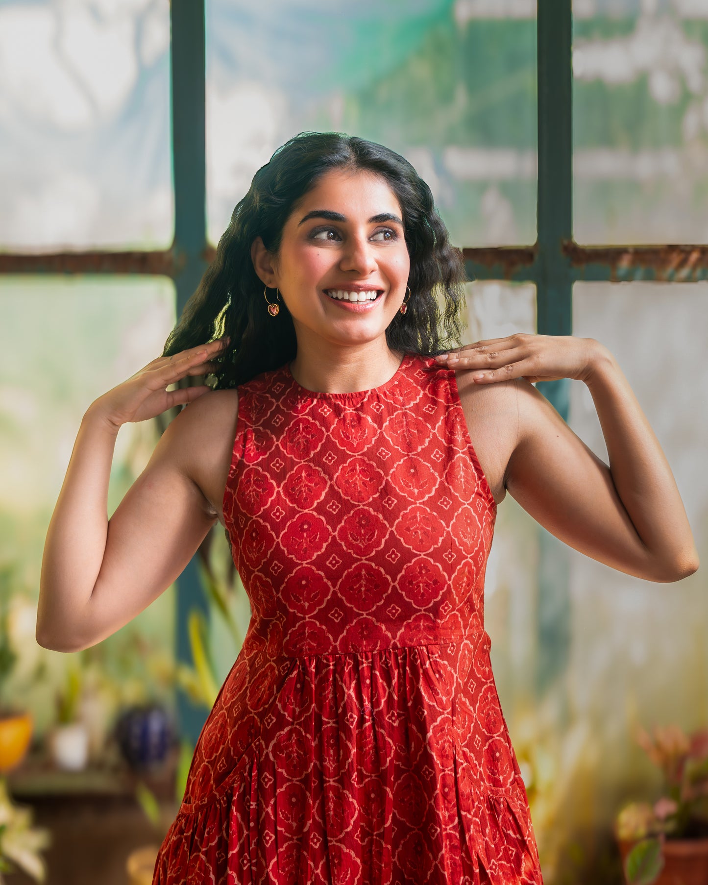 Hailey Red Cotton Midi Dress