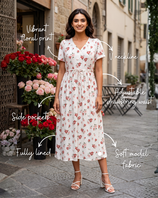 Rose White Fit and Flare Midi Dress