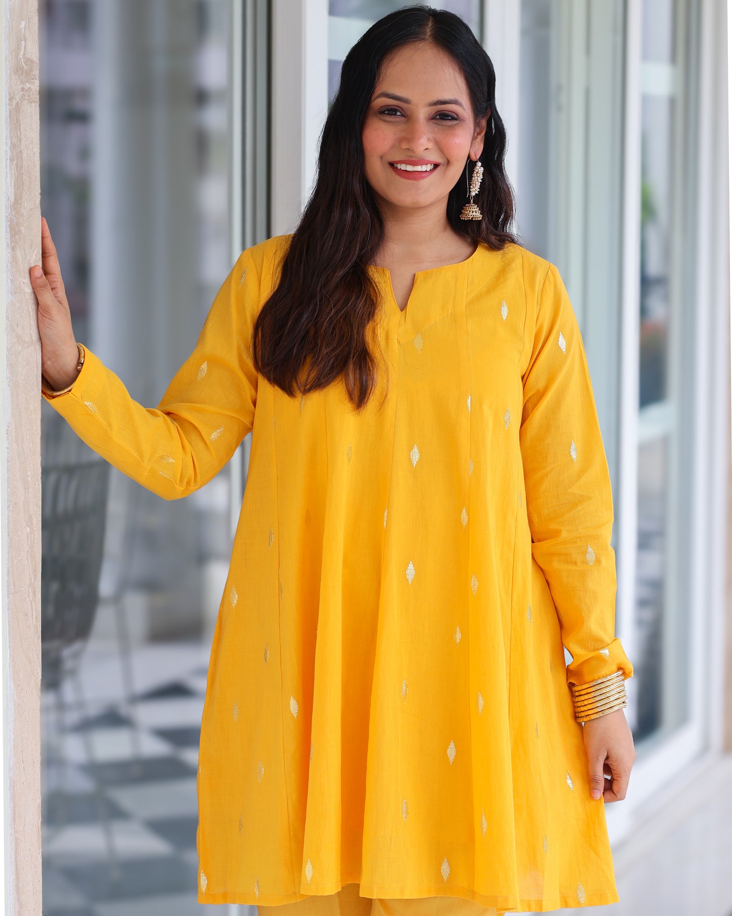 Kesar Yellow Cotton Lurex Short Kurta Set