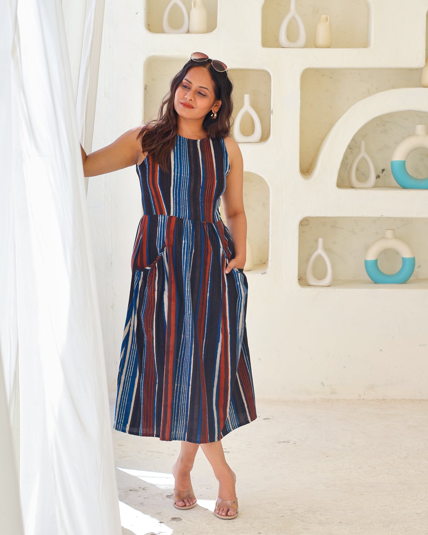 Megan Striped Jahota HandBlock Print Midi Dress