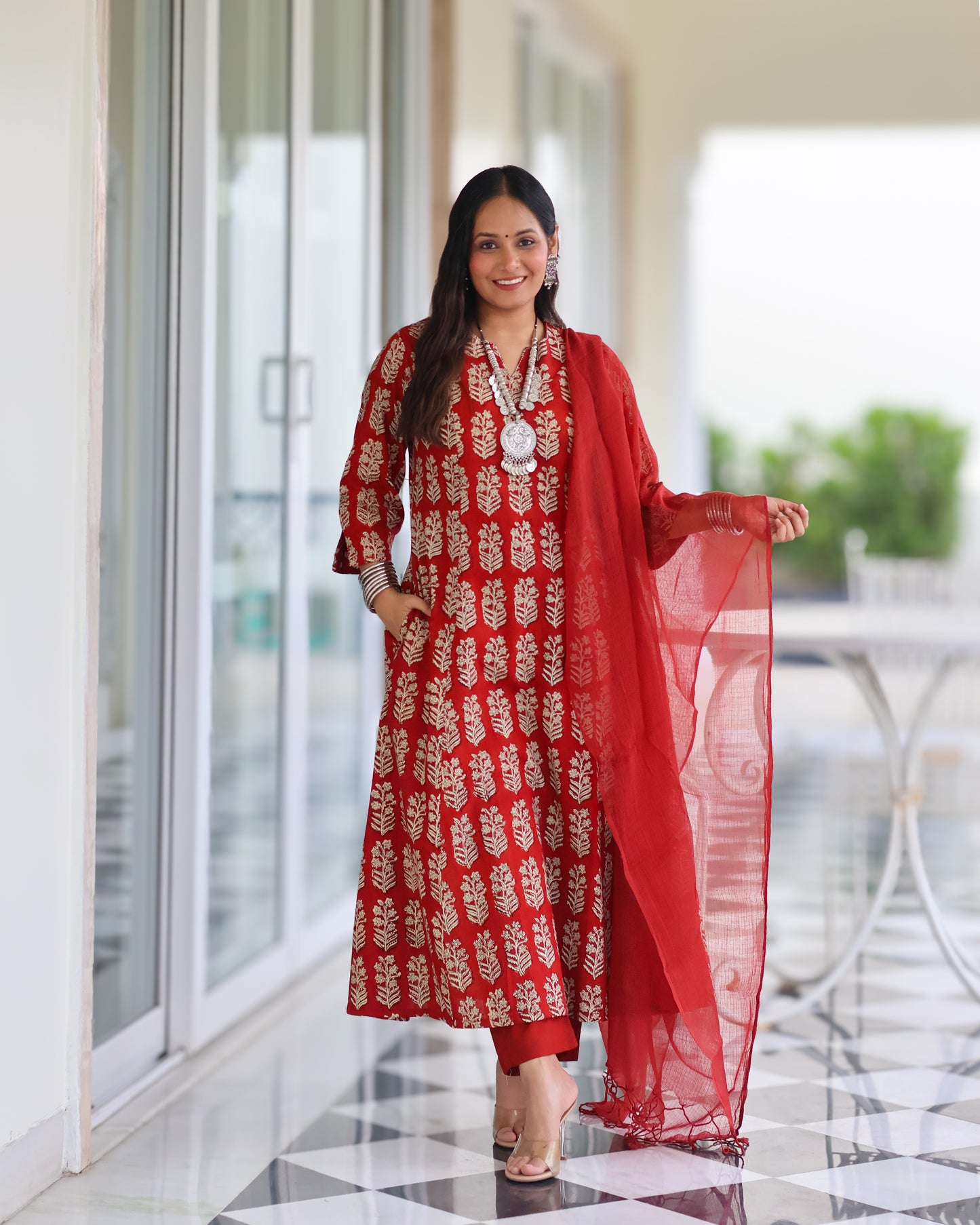 Durga Red HandBlock Print Suit Set
