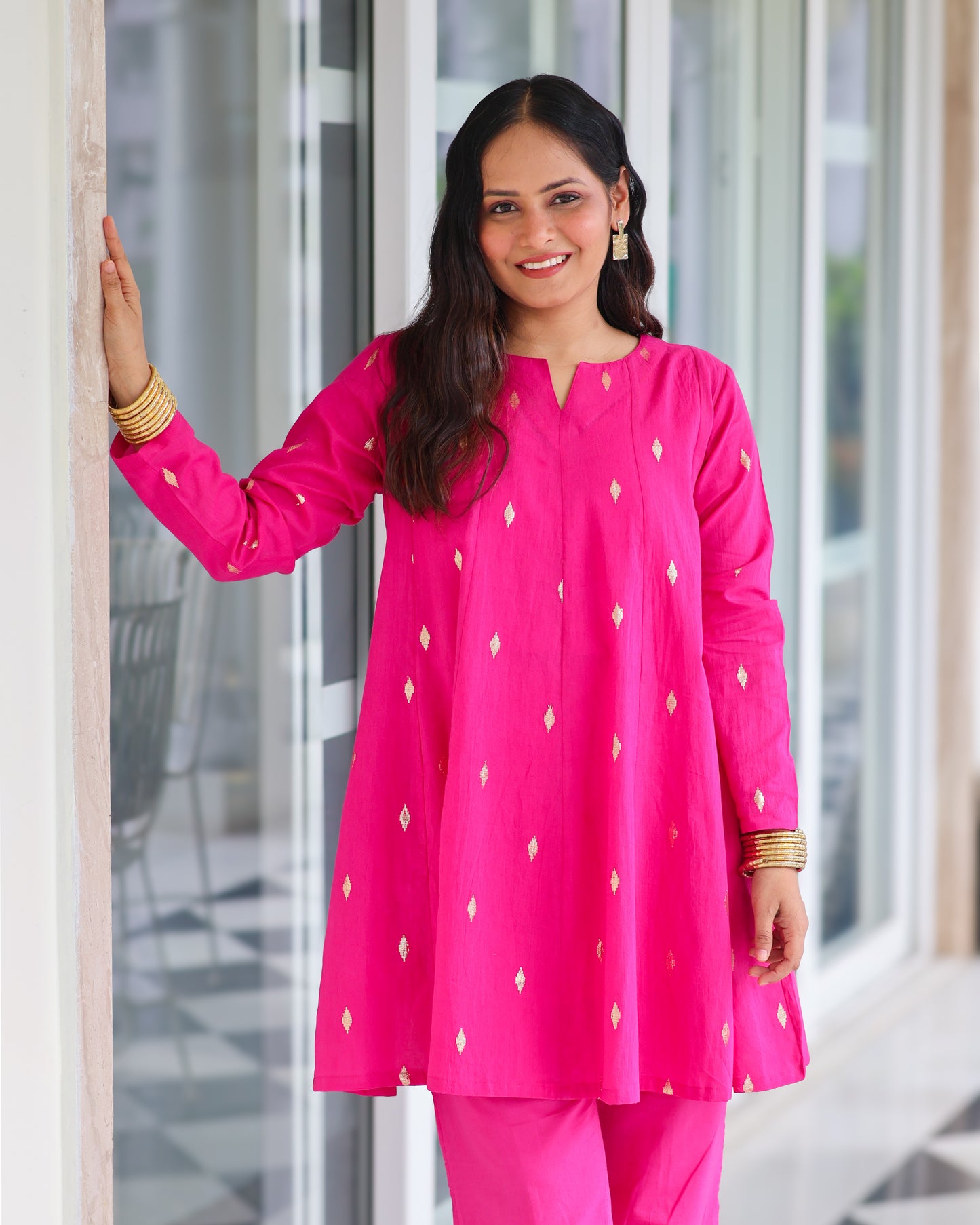 Rani Pink Cotton Lurex Short Kurta Set