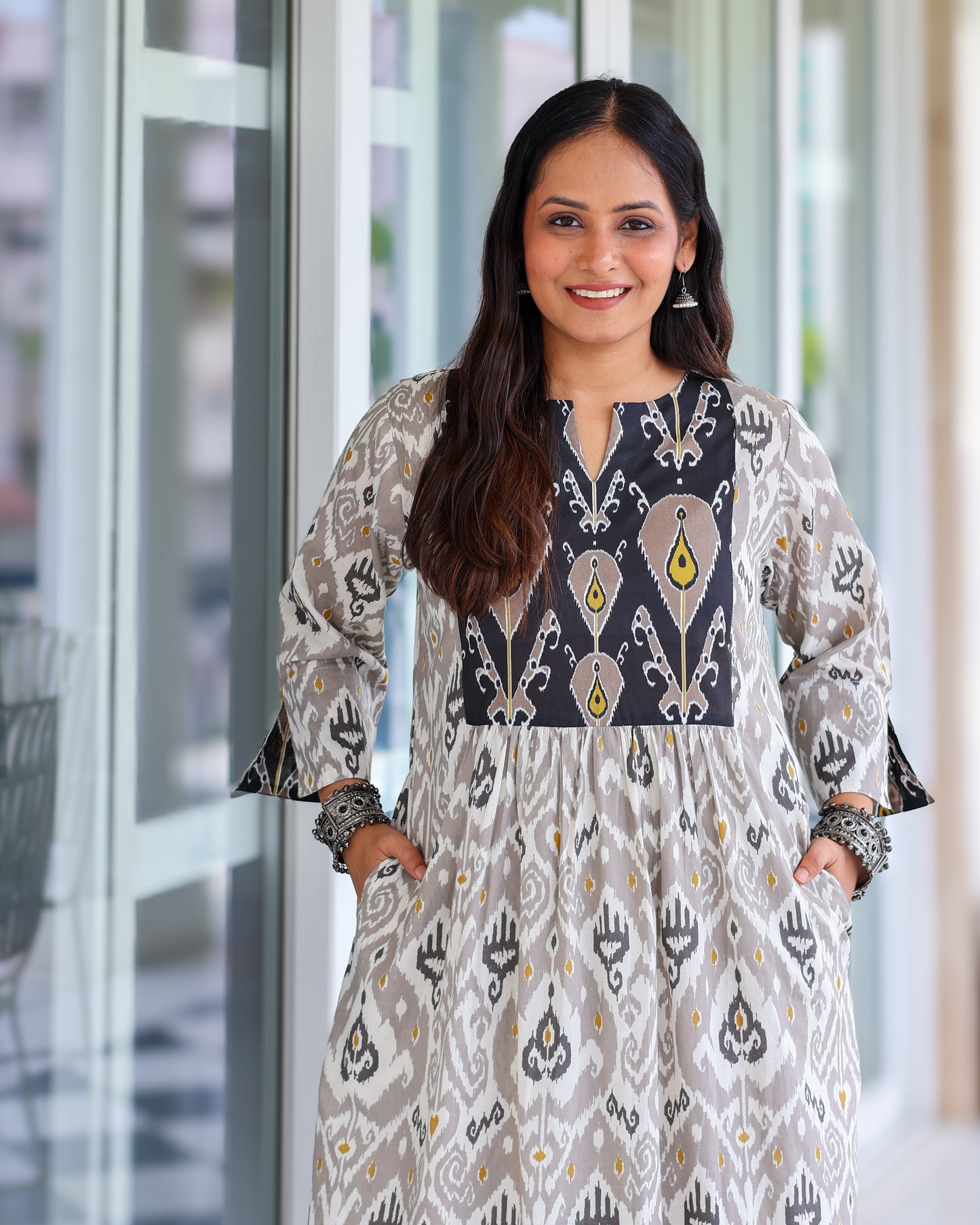 Vedika Grey Ikat Cotton Kurta Set
