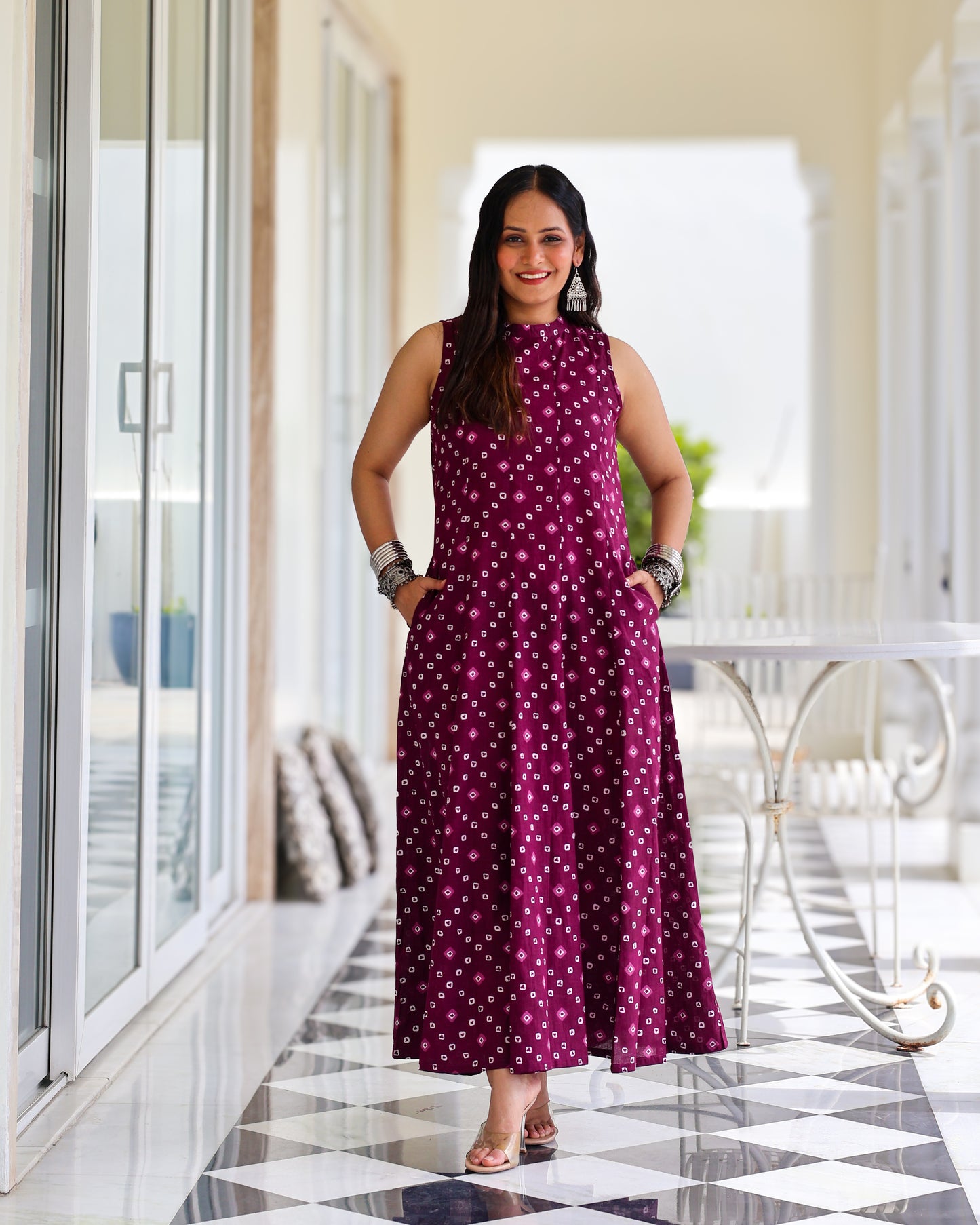 Aditi Purple Bandhani Print Cotton Maxi Dress