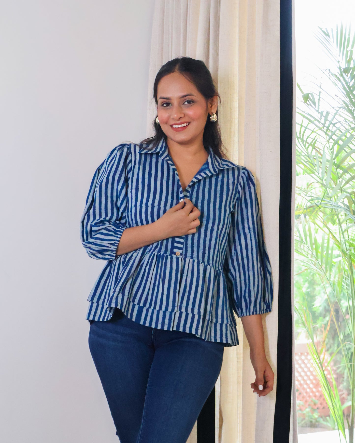 June Indigo Striped HandBlock Print Collared Peplum Cotton Top