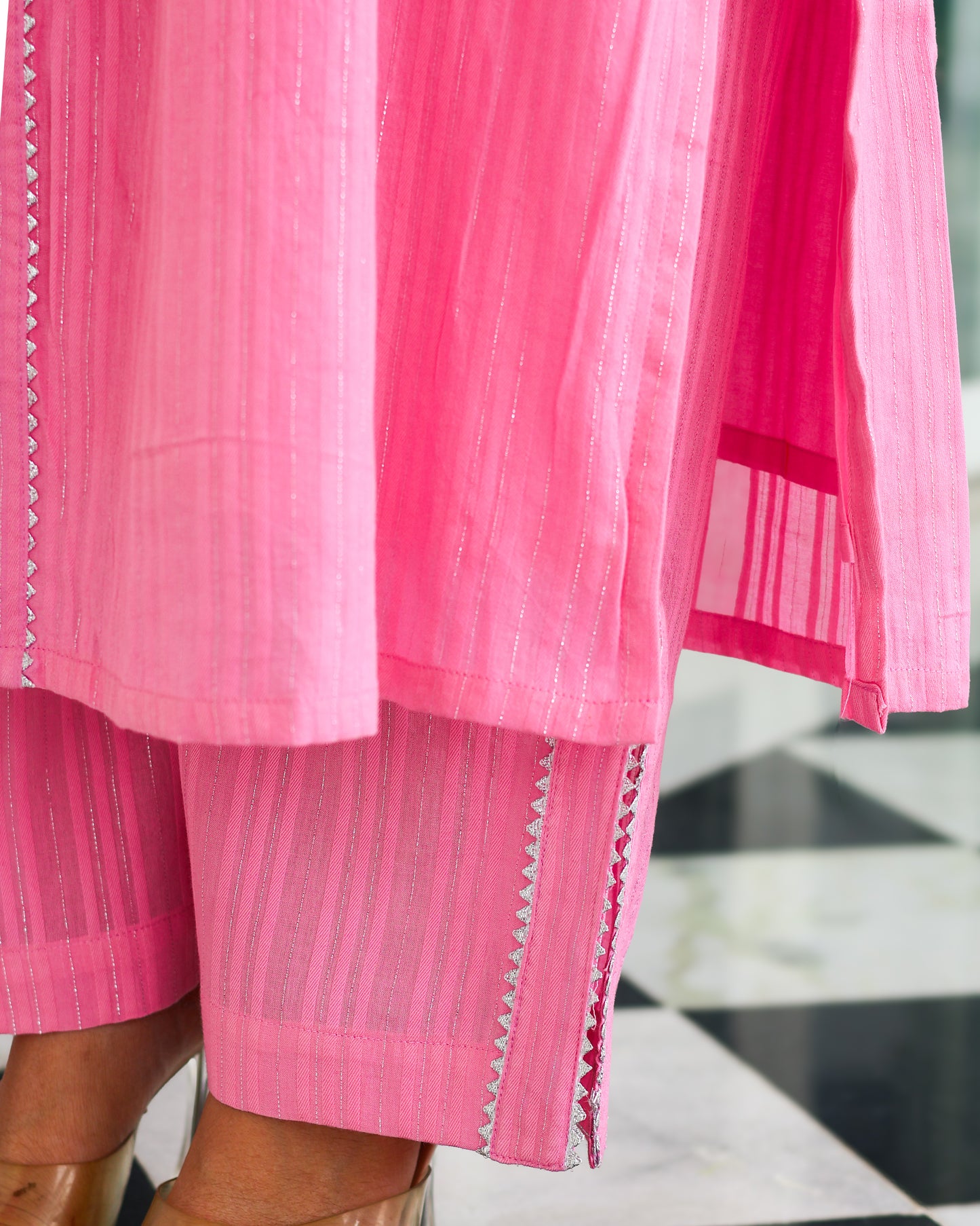 Harleen Pink Cotton Lurex Straight Kurta Set