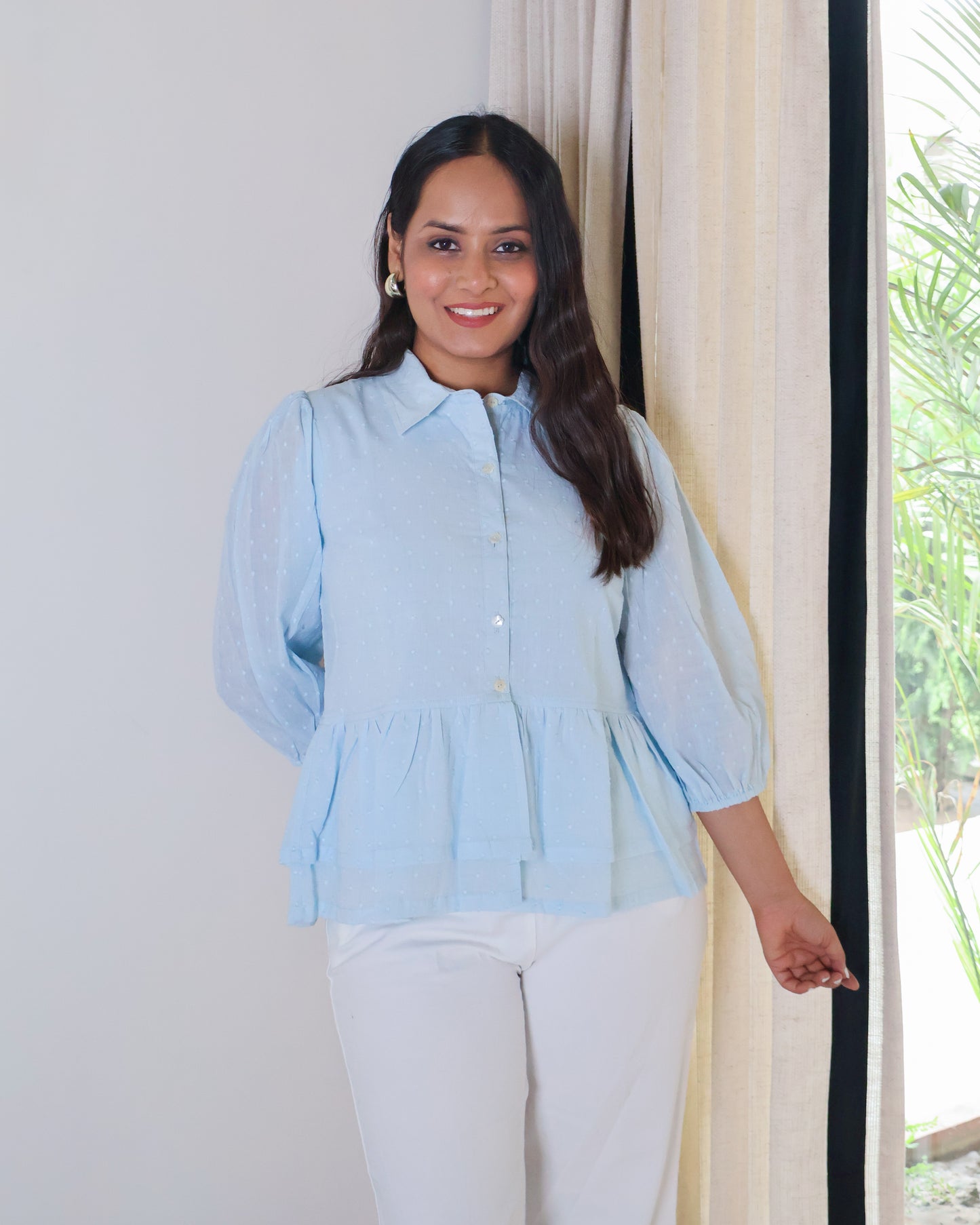 Angelina Collared Peplum Textured Cotton Top