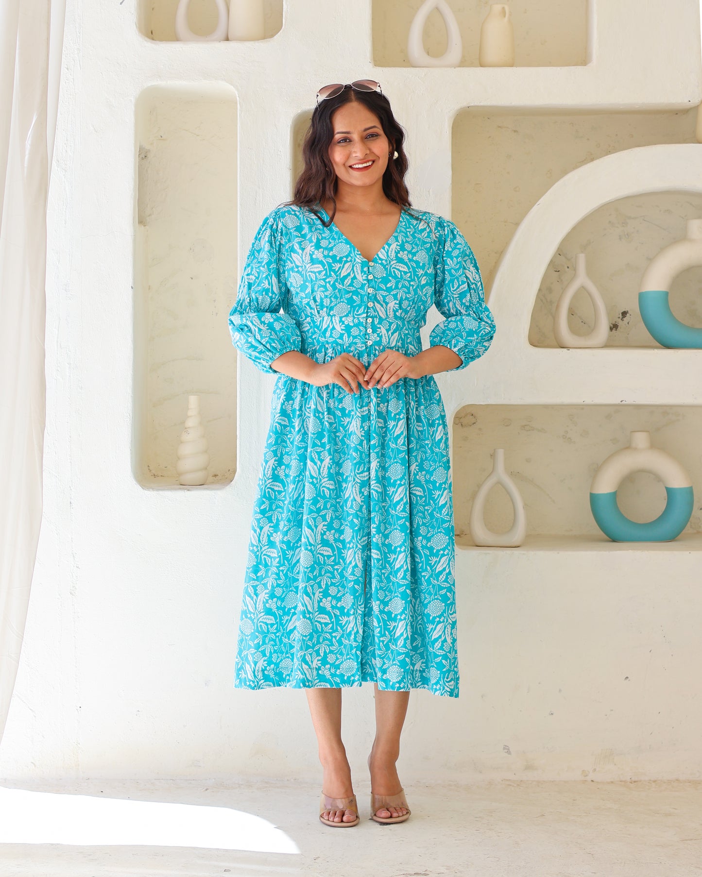 Bella Blue Fit-and-Flare Cotton Midi Dress